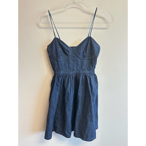 Free People Blue Denim Bustier Mini Dress Chambray Fit Flare Size XS - Picture 1 of 14